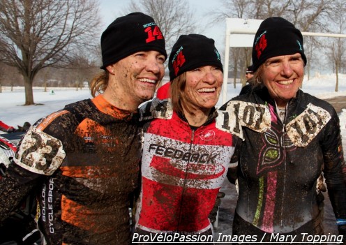 Three happy ladies (l - r) Kristin Webber who landed 4th, Lisa Hudson with 7th, and Margell Abel with 5th in masters 40-45 'cross nationals race