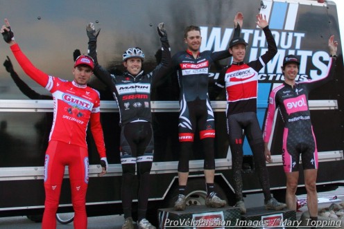 Men's open podium for Cyclo-X Louisville (l-r) Robin Eckmann 4th, Bryan Alders 3rd, Danny Summerhill 1st, Tim Allen 2nd, Ken Benesh 5th