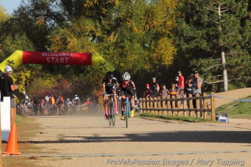 Amanda Miller puts the hurt on Nicole Duke in the sprint for the win at Valmont Bike Park.